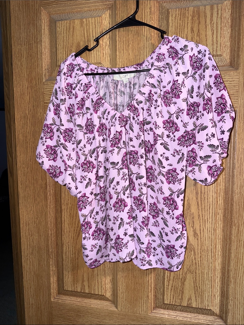 LOFT Pink Floral V-Neck Blouse with Flutter Sleeves